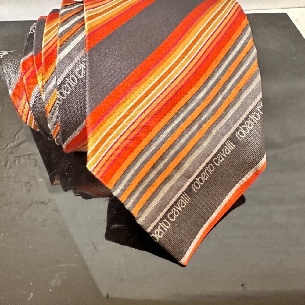 Roberto Cavalli Silk Tie Orange Gray Yellow Stripe Striped White Luxury
